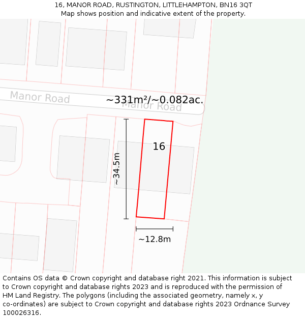 16, MANOR ROAD, RUSTINGTON, LITTLEHAMPTON, BN16 3QT: Plot and title map