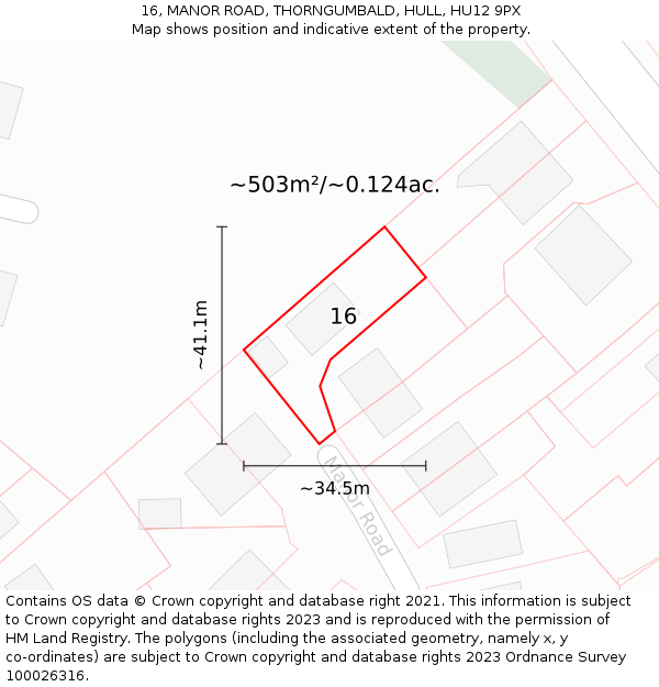 16, MANOR ROAD, THORNGUMBALD, HULL, HU12 9PX: Plot and title map
