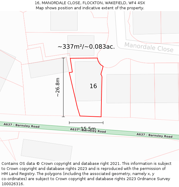 16, MANORDALE CLOSE, FLOCKTON, WAKEFIELD, WF4 4SX: Plot and title map