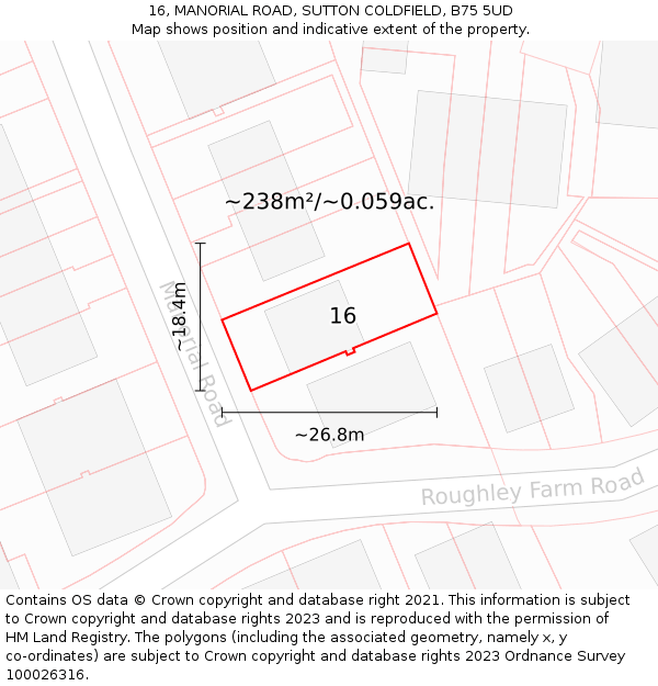 16, MANORIAL ROAD, SUTTON COLDFIELD, B75 5UD: Plot and title map