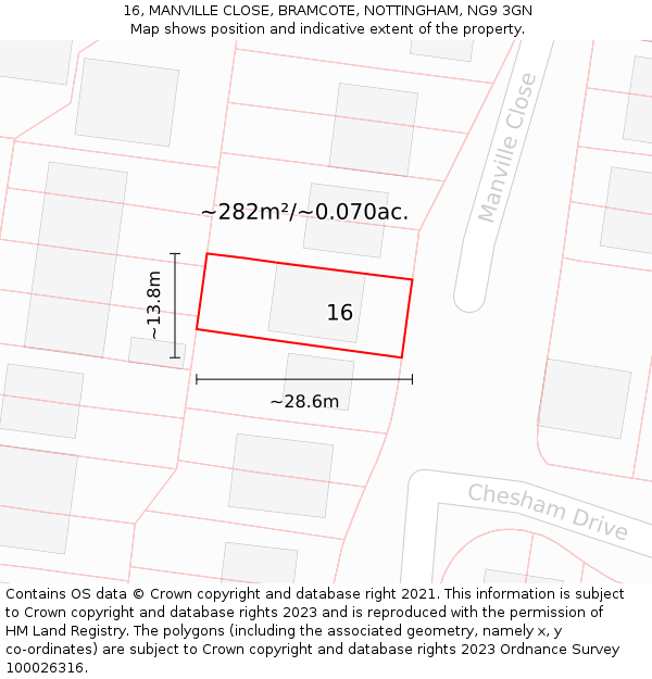 16, MANVILLE CLOSE, BRAMCOTE, NOTTINGHAM, NG9 3GN: Plot and title map