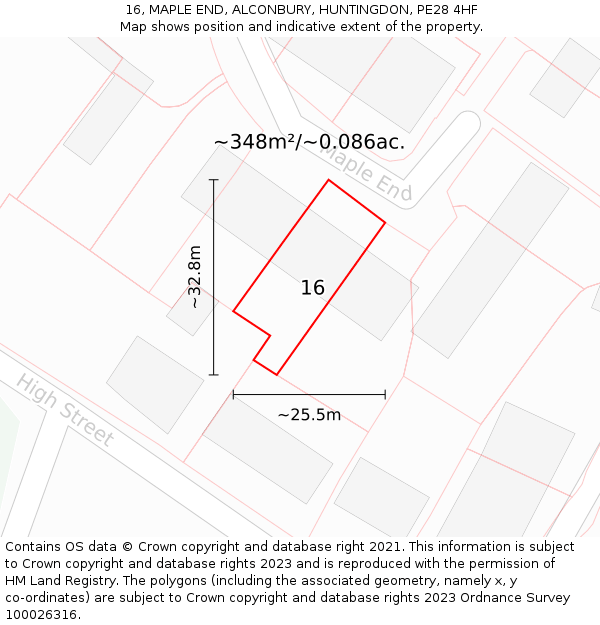 16, MAPLE END, ALCONBURY, HUNTINGDON, PE28 4HF: Plot and title map