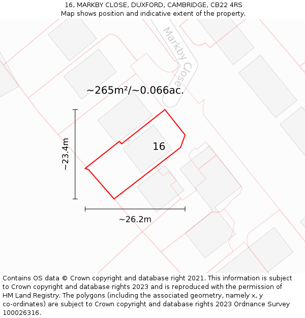16, MARKBY CLOSE, DUXFORD, CAMBRIDGE, CB22 4RS: Plot and title map