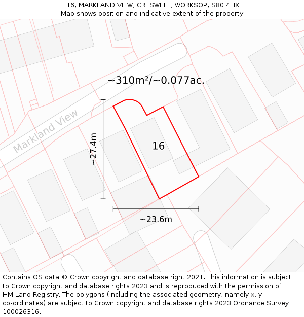 16, MARKLAND VIEW, CRESWELL, WORKSOP, S80 4HX: Plot and title map