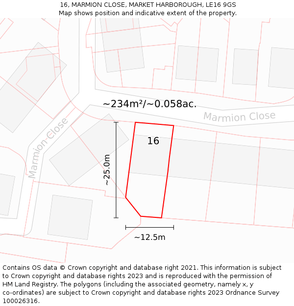 16, MARMION CLOSE, MARKET HARBOROUGH, LE16 9GS: Plot and title map