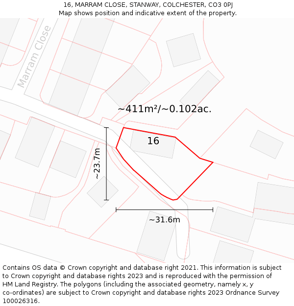 16, MARRAM CLOSE, STANWAY, COLCHESTER, CO3 0PJ: Plot and title map
