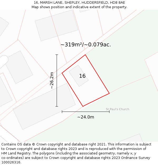 16, MARSH LANE, SHEPLEY, HUDDERSFIELD, HD8 8AE: Plot and title map