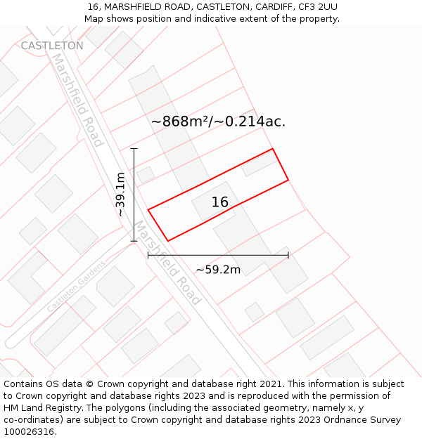16, MARSHFIELD ROAD, CASTLETON, CARDIFF, CF3 2UU: Plot and title map