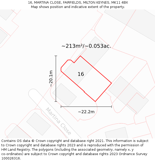 16, MARTINA CLOSE, FAIRFIELDS, MILTON KEYNES, MK11 4BX: Plot and title map