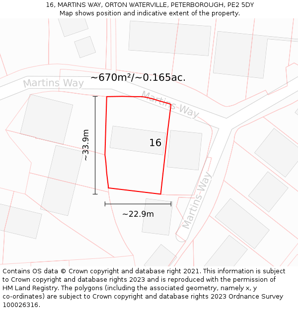 16, MARTINS WAY, ORTON WATERVILLE, PETERBOROUGH, PE2 5DY: Plot and title map