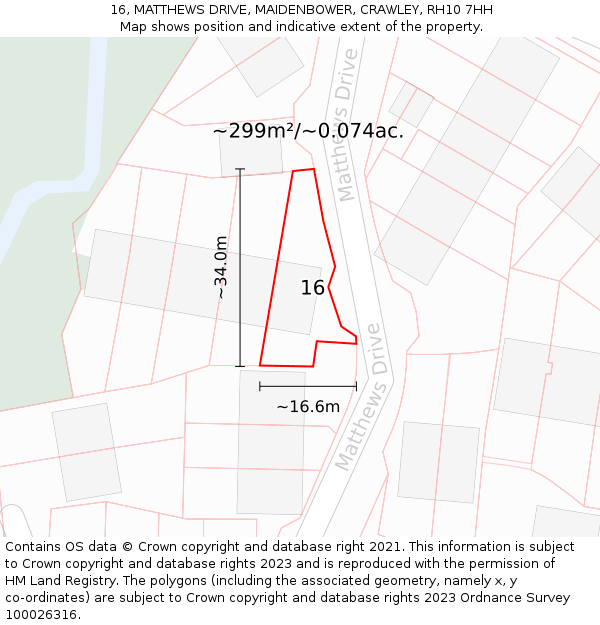 16, MATTHEWS DRIVE, MAIDENBOWER, CRAWLEY, RH10 7HH: Plot and title map