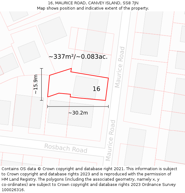 16, MAURICE ROAD, CANVEY ISLAND, SS8 7JN: Plot and title map