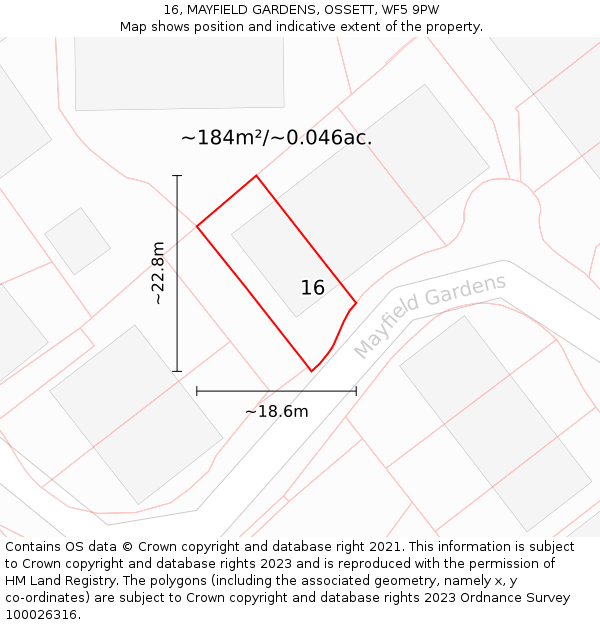 16, MAYFIELD GARDENS, OSSETT, WF5 9PW: Plot and title map