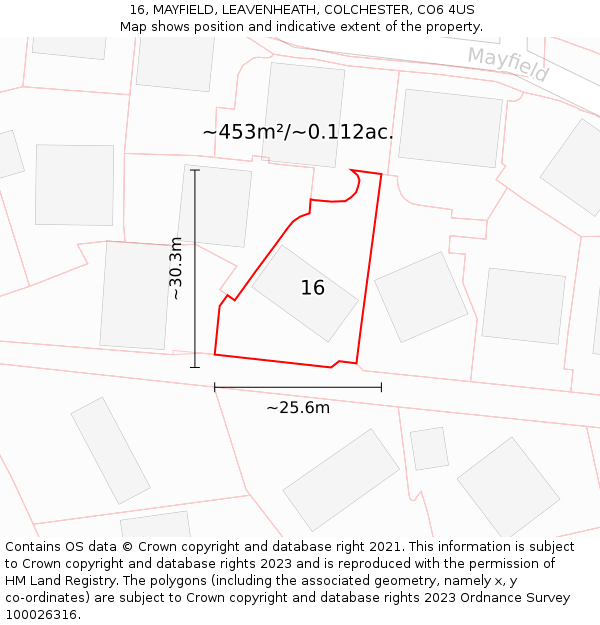 16, MAYFIELD, LEAVENHEATH, COLCHESTER, CO6 4US: Plot and title map