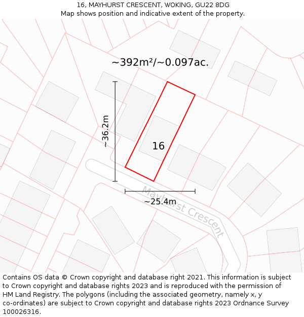16, MAYHURST CRESCENT, WOKING, GU22 8DG: Plot and title map