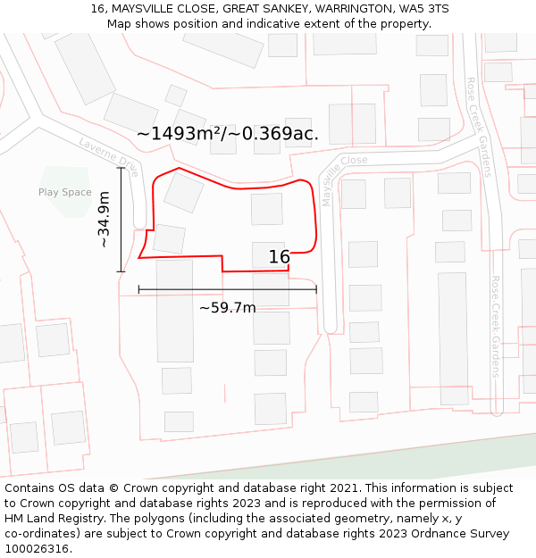 16, MAYSVILLE CLOSE, GREAT SANKEY, WARRINGTON, WA5 3TS: Plot and title map