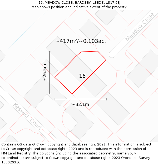 16, MEADOW CLOSE, BARDSEY, LEEDS, LS17 9BJ: Plot and title map