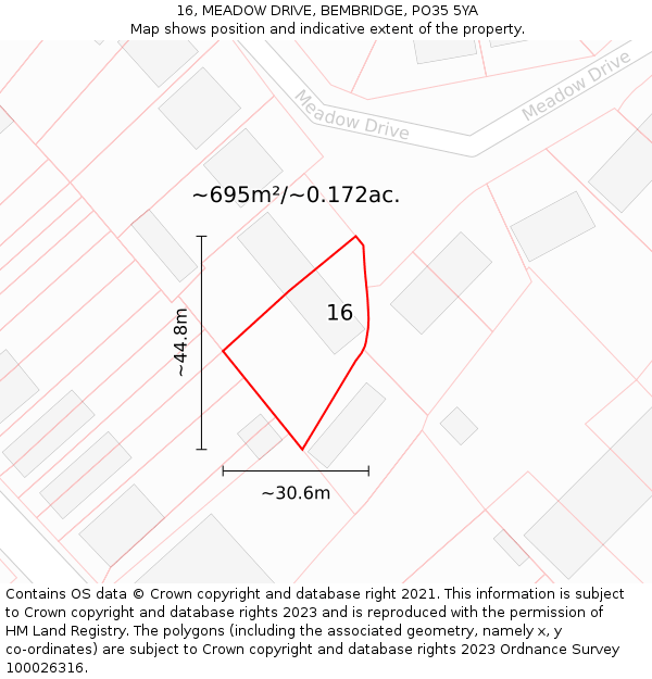 16, MEADOW DRIVE, BEMBRIDGE, PO35 5YA: Plot and title map