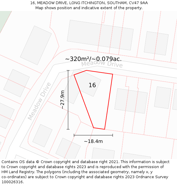 16, MEADOW DRIVE, LONG ITCHINGTON, SOUTHAM, CV47 9AA: Plot and title map