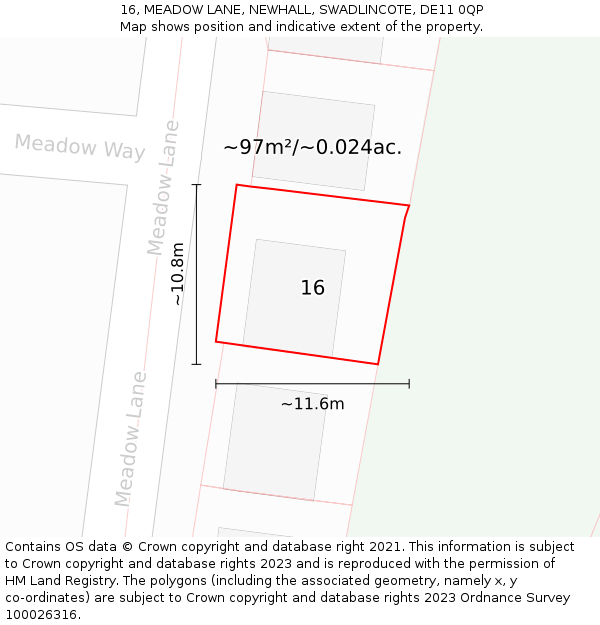 16, MEADOW LANE, NEWHALL, SWADLINCOTE, DE11 0QP: Plot and title map