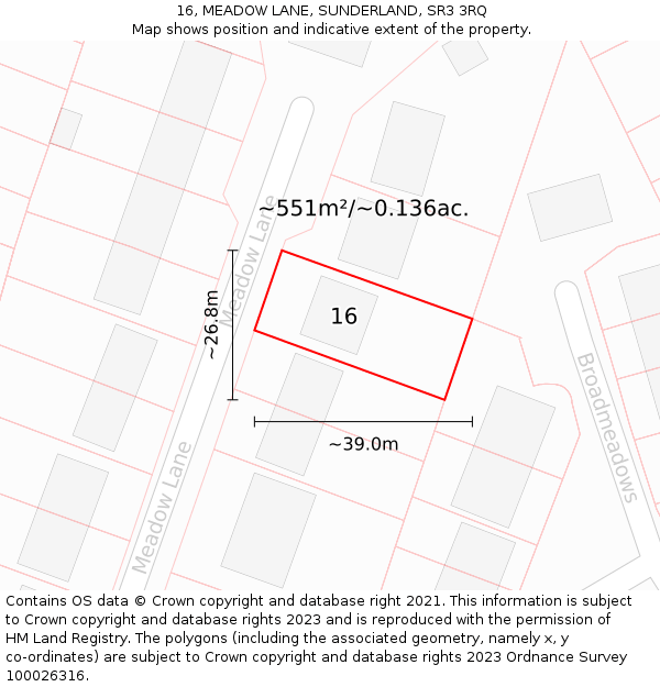 16, MEADOW LANE, SUNDERLAND, SR3 3RQ: Plot and title map