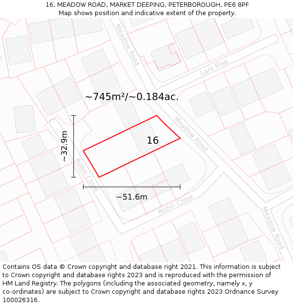 16, MEADOW ROAD, MARKET DEEPING, PETERBOROUGH, PE6 8PF: Plot and title map