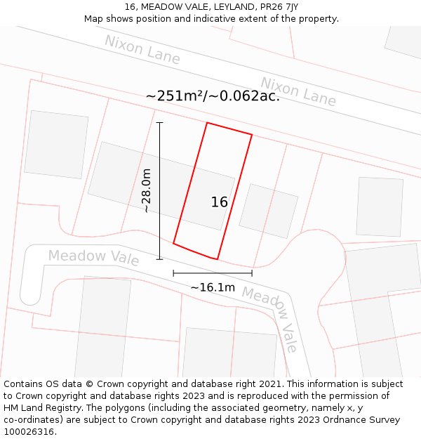16, MEADOW VALE, LEYLAND, PR26 7JY: Plot and title map