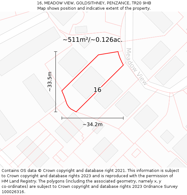 16, MEADOW VIEW, GOLDSITHNEY, PENZANCE, TR20 9HB: Plot and title map