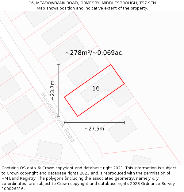 16, MEADOWBANK ROAD, ORMESBY, MIDDLESBROUGH, TS7 9EN: Plot and title map