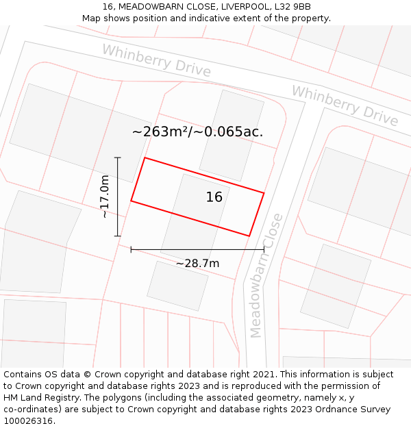 16, MEADOWBARN CLOSE, LIVERPOOL, L32 9BB: Plot and title map