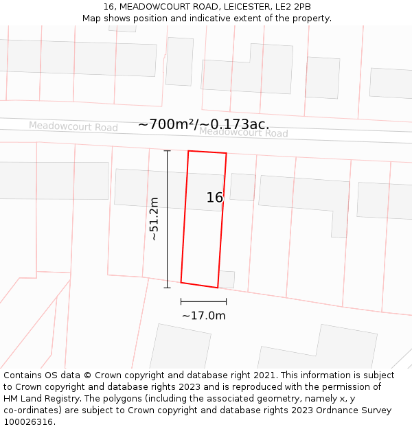 16, MEADOWCOURT ROAD, LEICESTER, LE2 2PB: Plot and title map