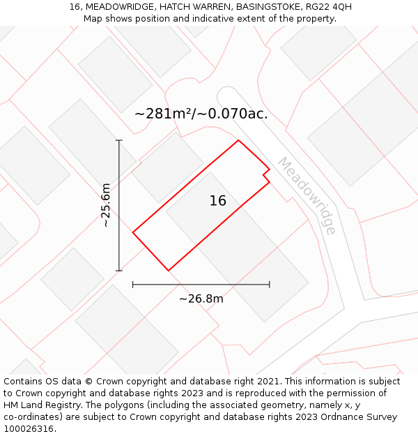 16, MEADOWRIDGE, HATCH WARREN, BASINGSTOKE, RG22 4QH: Plot and title map