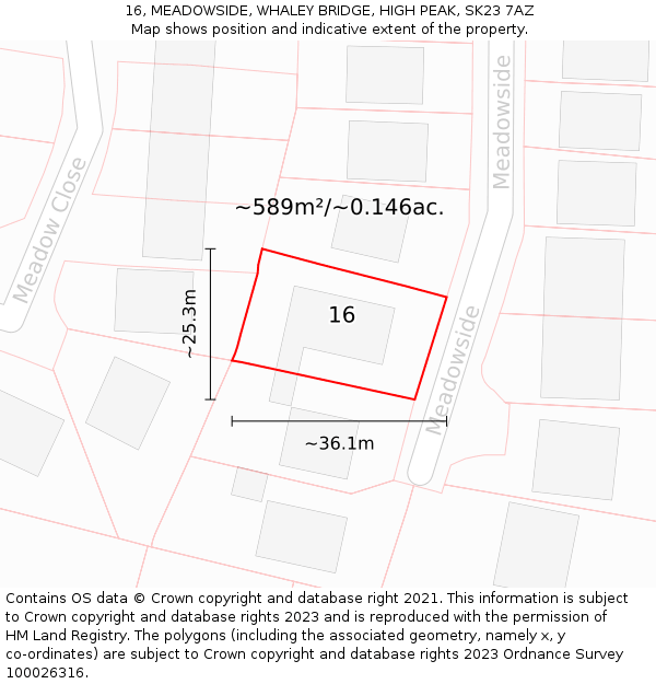 16, MEADOWSIDE, WHALEY BRIDGE, HIGH PEAK, SK23 7AZ: Plot and title map