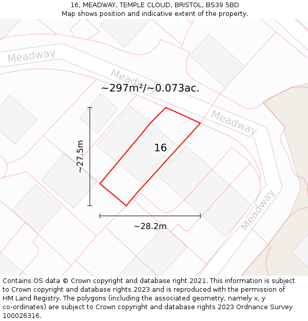 16, MEADWAY, TEMPLE CLOUD, BRISTOL, BS39 5BD: Plot and title map
