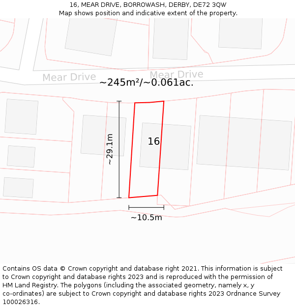 16, MEAR DRIVE, BORROWASH, DERBY, DE72 3QW: Plot and title map