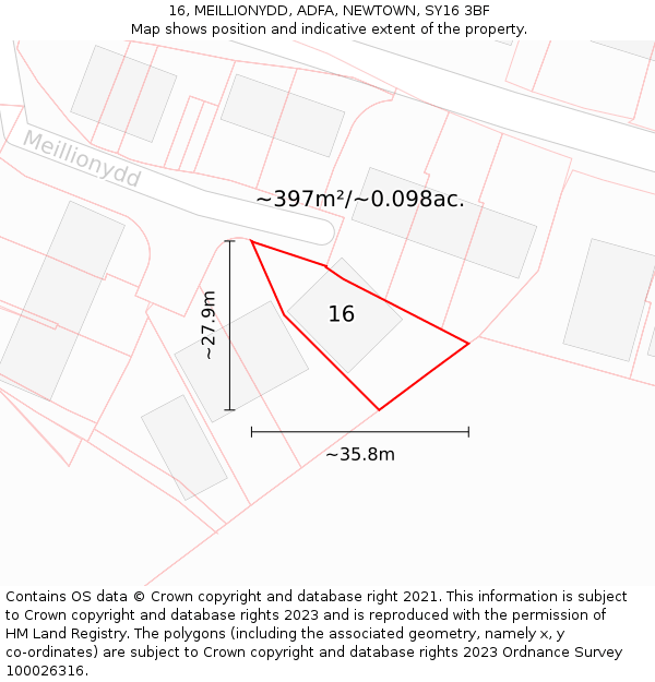 16, MEILLIONYDD, ADFA, NEWTOWN, SY16 3BF: Plot and title map