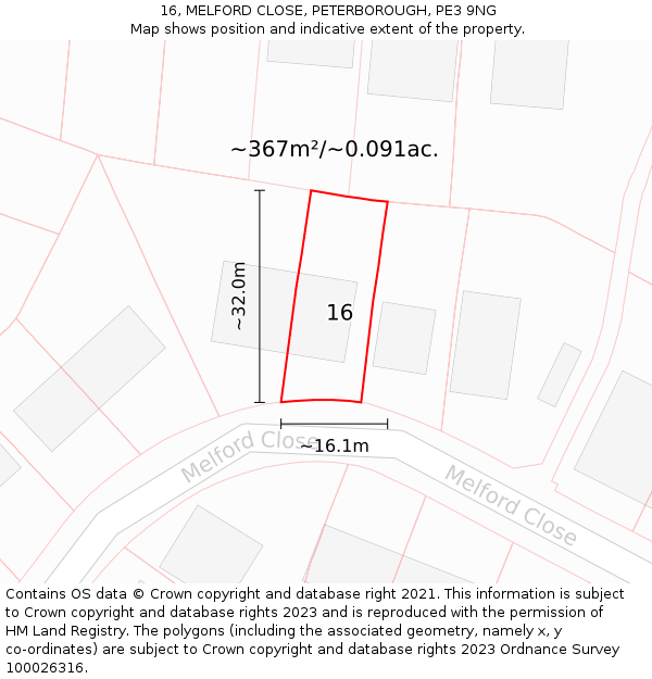 16, MELFORD CLOSE, PETERBOROUGH, PE3 9NG: Plot and title map