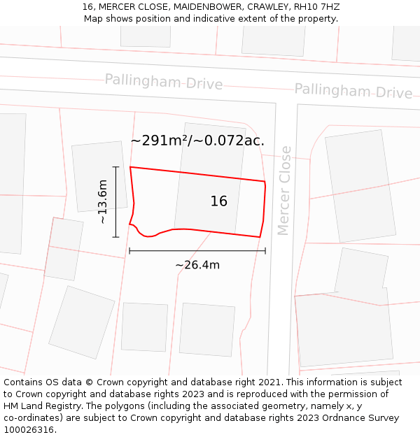 16, MERCER CLOSE, MAIDENBOWER, CRAWLEY, RH10 7HZ: Plot and title map