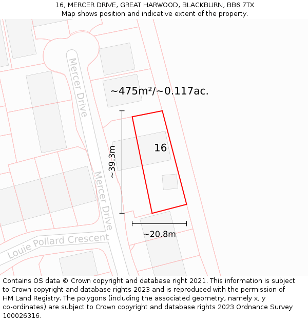 16, MERCER DRIVE, GREAT HARWOOD, BLACKBURN, BB6 7TX: Plot and title map