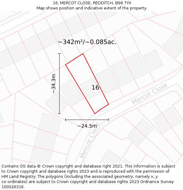16, MERCOT CLOSE, REDDITCH, B98 7YX: Plot and title map