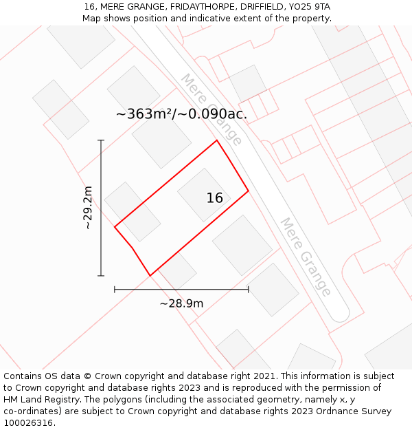 16, MERE GRANGE, FRIDAYTHORPE, DRIFFIELD, YO25 9TA: Plot and title map