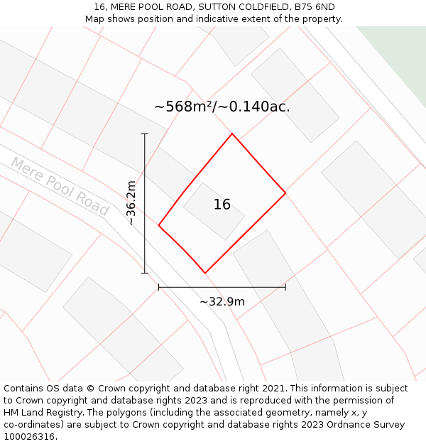 16, MERE POOL ROAD, SUTTON COLDFIELD, B75 6ND: Plot and title map