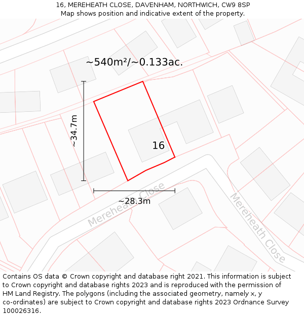 16, MEREHEATH CLOSE, DAVENHAM, NORTHWICH, CW9 8SP: Plot and title map