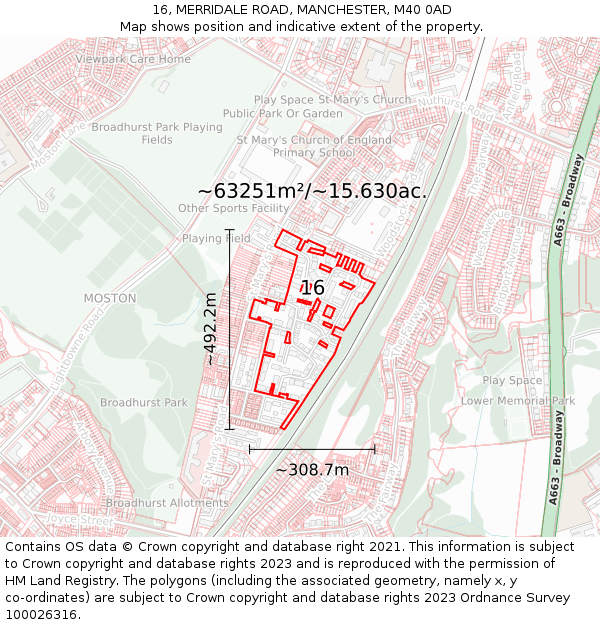 16, MERRIDALE ROAD, MANCHESTER, M40 0AD: Plot and title map