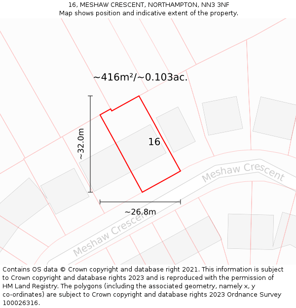 16, MESHAW CRESCENT, NORTHAMPTON, NN3 3NF: Plot and title map