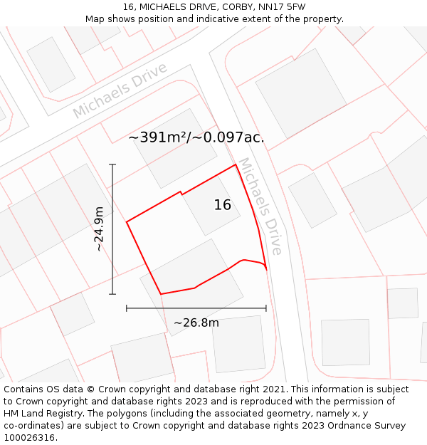 16, MICHAELS DRIVE, CORBY, NN17 5FW: Plot and title map