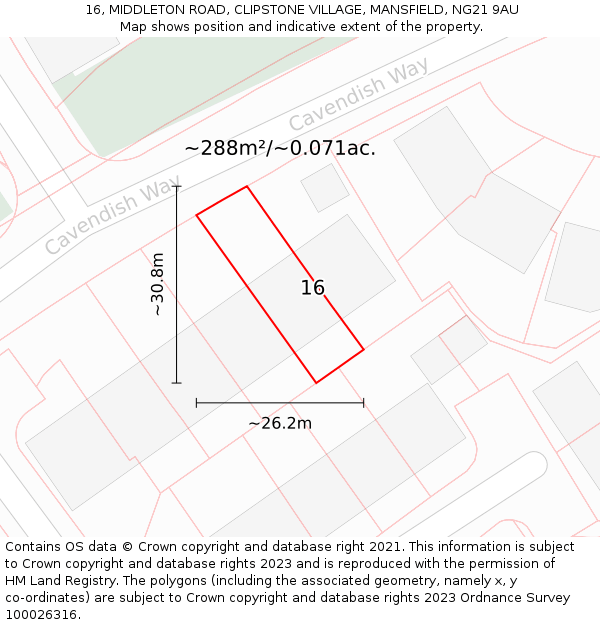 16, MIDDLETON ROAD, CLIPSTONE VILLAGE, MANSFIELD, NG21 9AU: Plot and title map