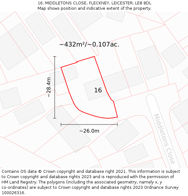 16, MIDDLETONS CLOSE, FLECKNEY, LEICESTER, LE8 8DL: Plot and title map