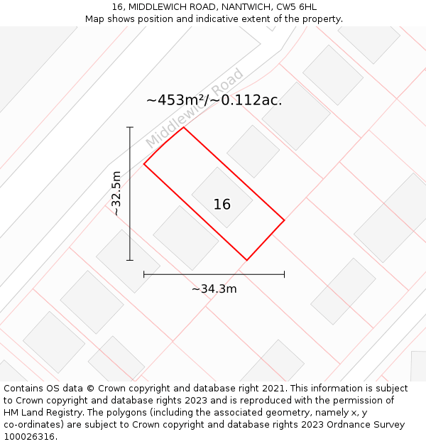 16, MIDDLEWICH ROAD, NANTWICH, CW5 6HL: Plot and title map