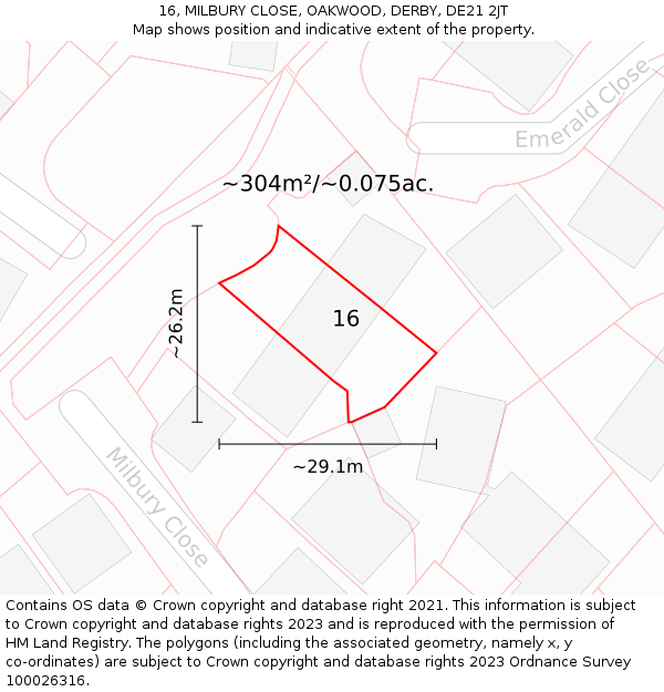 16, MILBURY CLOSE, OAKWOOD, DERBY, DE21 2JT: Plot and title map